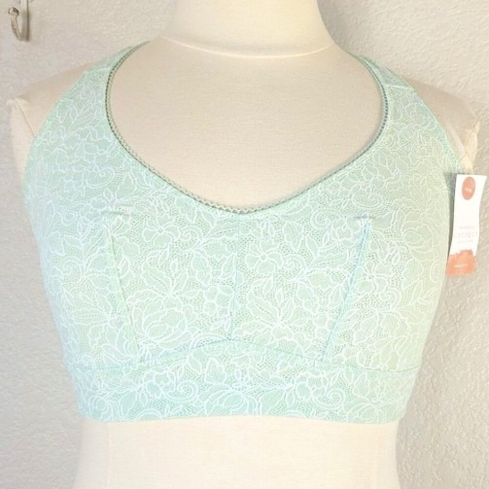 Cacique 1X 14/16  Bralette Light Green & White Floral Mesh & Lace Racerback